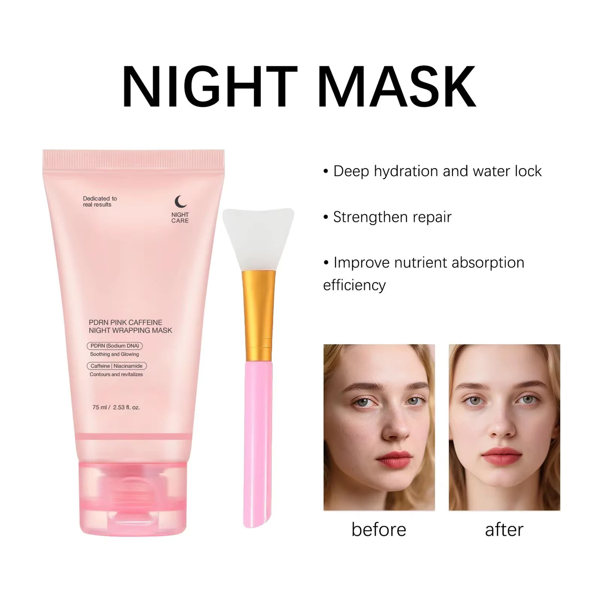 PDRN Pink Caffeine Night Wrapping Mask Hydrolyzed Collagen Overnight Facial Peel-Off Mask Hydrating Firming Moisturizing Care