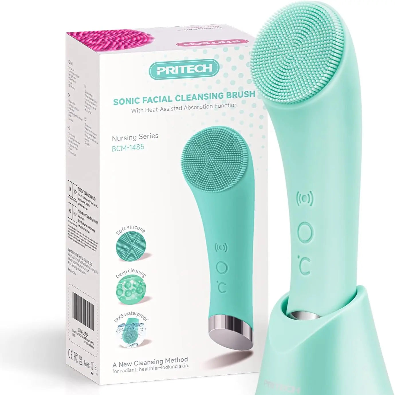 Facial Cleansing Brush, PRITECH Heatable Vibrating Face Scrubber with Massage, Silicone Face Scrubber for Women & Men, Electric Facial Cleanser for Deep Cleansing, Gentle Exfoliating (Pink)