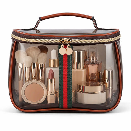 New Retro Vintage Vanity Bag, Makeup Organizer for Women, Ladies Travle Storage Case, Transparent Toiletry Bag, Portable Skincare Storage Case (Brown-9.65Inx6.3In)
