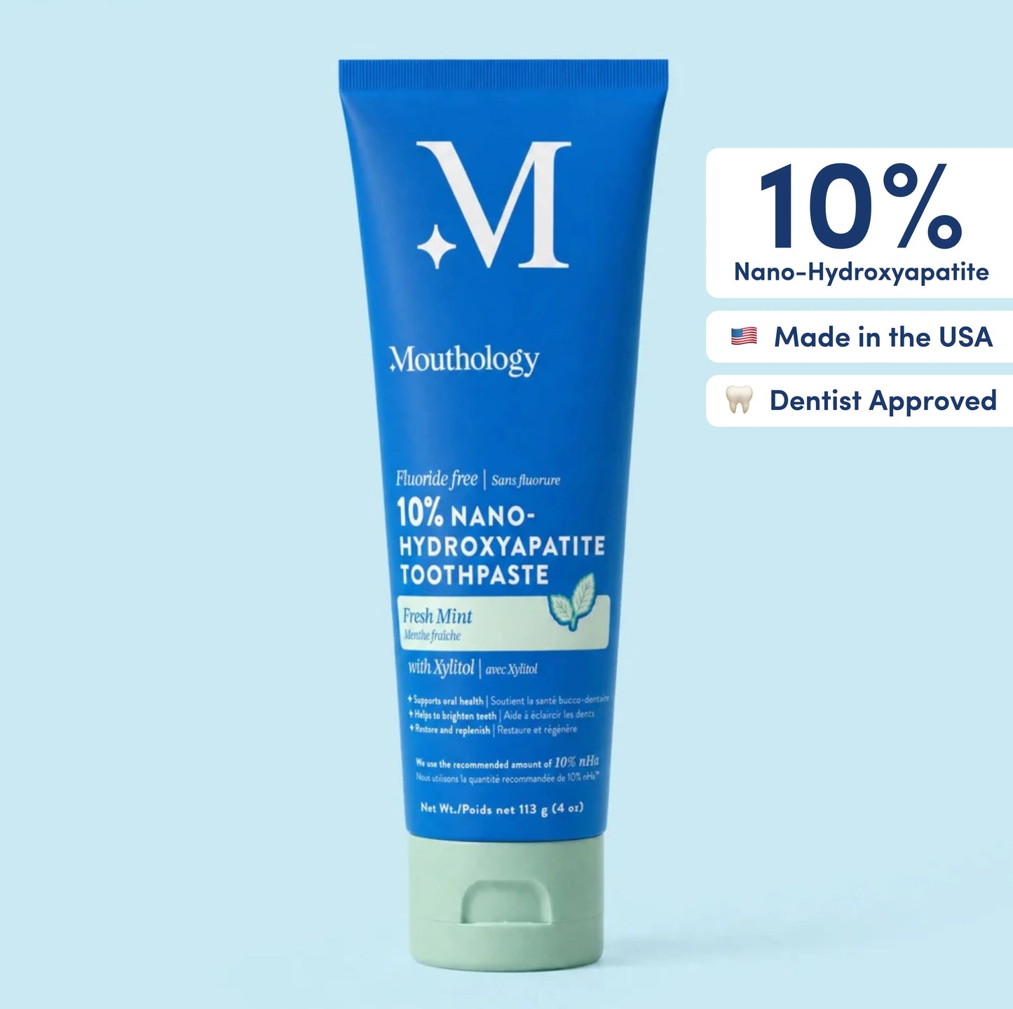 Mouthology 10% Nano-Hydroxyapatite Toothpaste | Fluoride-Free Enamel Care, Fresh Mint, Made in USA, Gentle Formula, Safe for All Oral