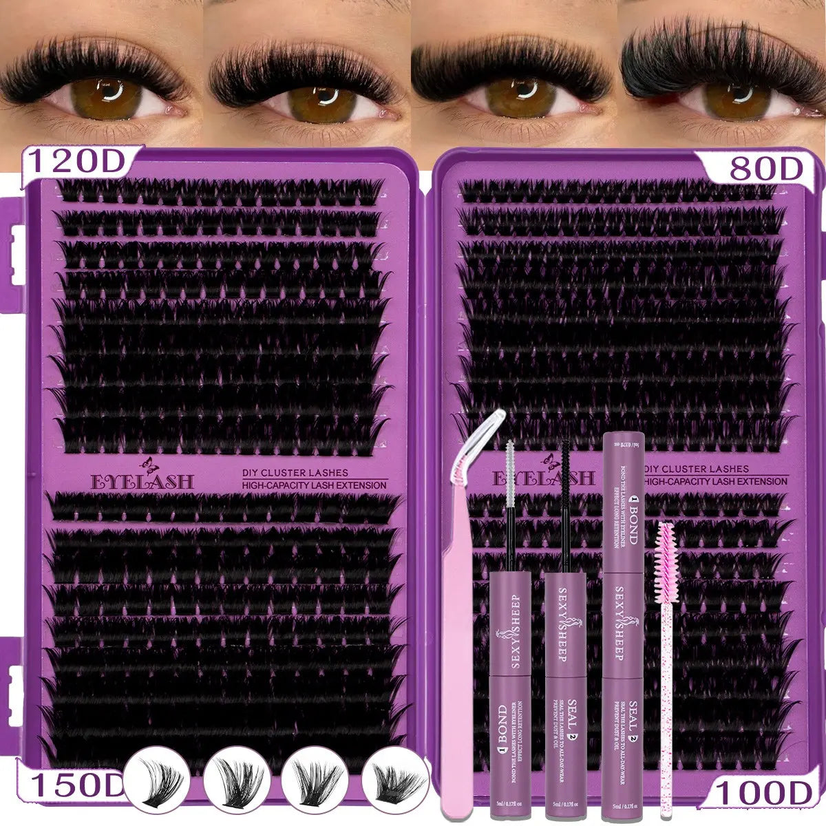 Large Capacity DIY Lashes Clusters Kit, D Curl Mixed Length, Light Soft False Lashes, Individual Lashes Thick Cluster Lashes, Long-Lasting, Includes Bond&Seal Brush and Tweezer, Beginner Friendly