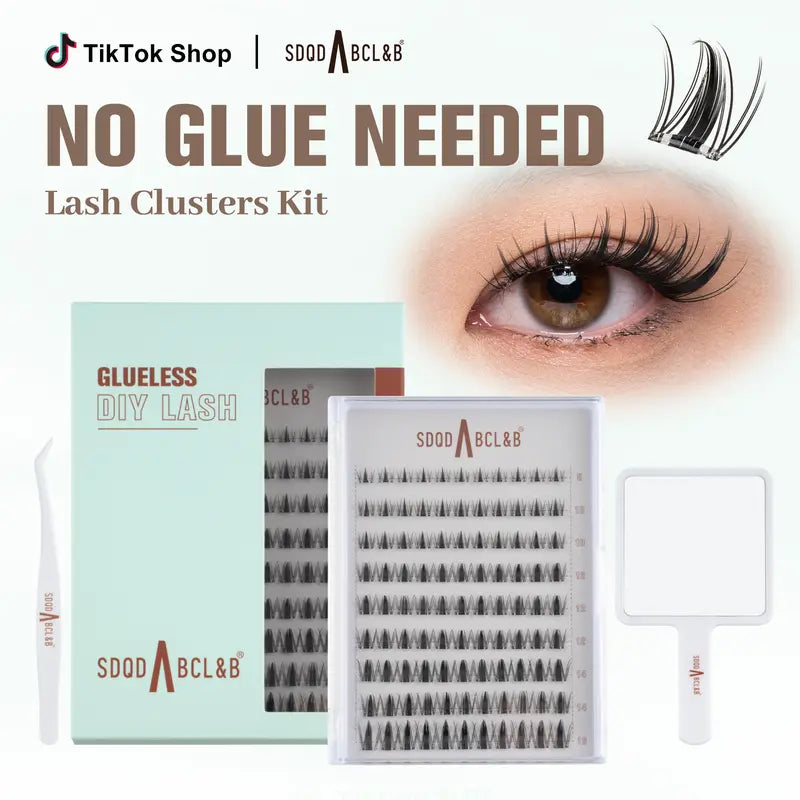[Wildcat] D-Curl Shape Cluster Lashes Kit - 8-16Mm 0.03Mm Jelly-Coated Base No-Glue Self-Adhesive Cosmetic Lashes, Tweezers, Handheld Mirror, Beginner-Friendly Lightweight Gentle Latex-Free PBT Hypoallergenic Press-On False Eyelashes (Home Makeup Gift)