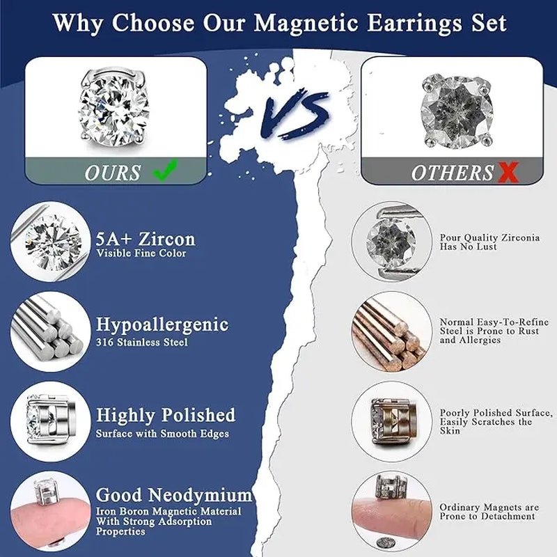 CASSIECA 2-Pair Unisex Stainless Steel Magnetic Studs Earrings Set, Non-Piercing Fake Piercing 5-8MM CZ Jewelry for Adults, Summer Vibes Accessories