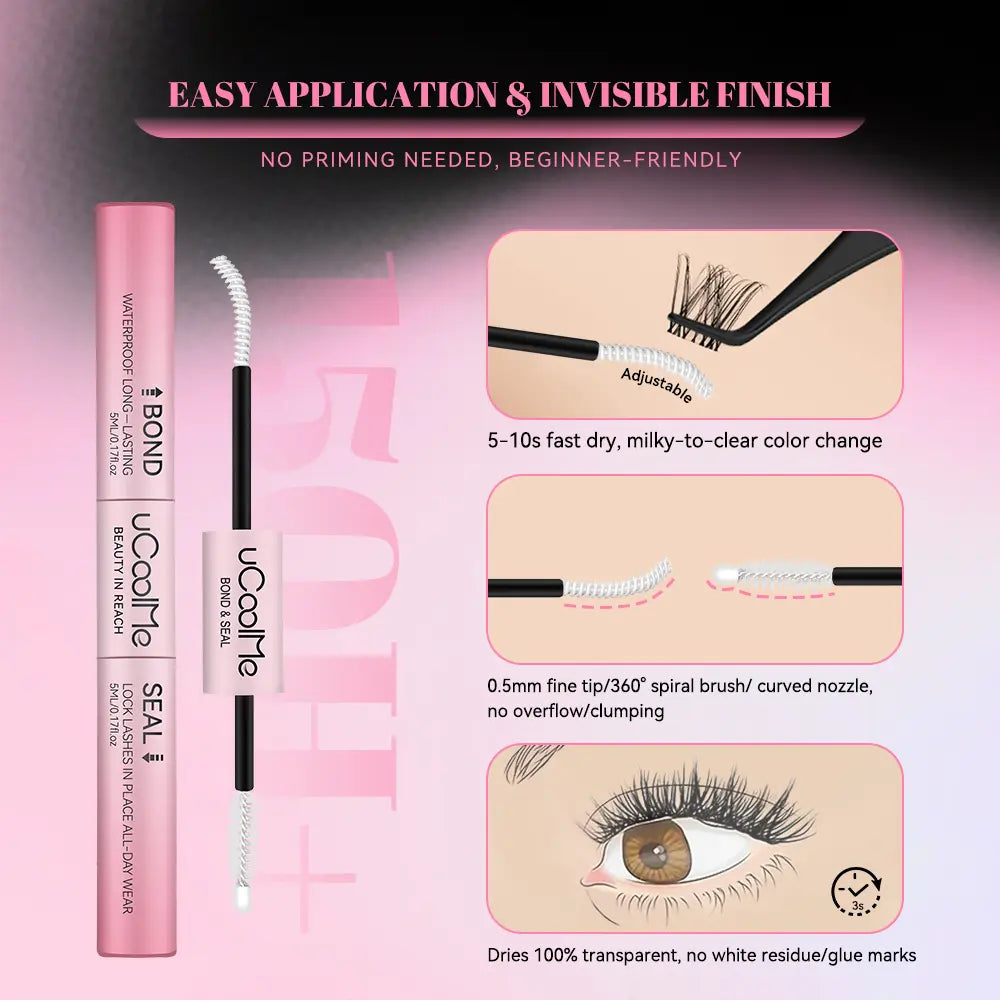 Ucoolme [New Upgrade] 2-In-1 Bond & Seal Waterproof Lash Cluster Glue - Strong-Hold, Beginner-Friendly Cosmetic Adhesive with Included Makeup Remover, Beauty Products, Eyelash Clusters, Waterproof Lash Clusters,Sunscreen