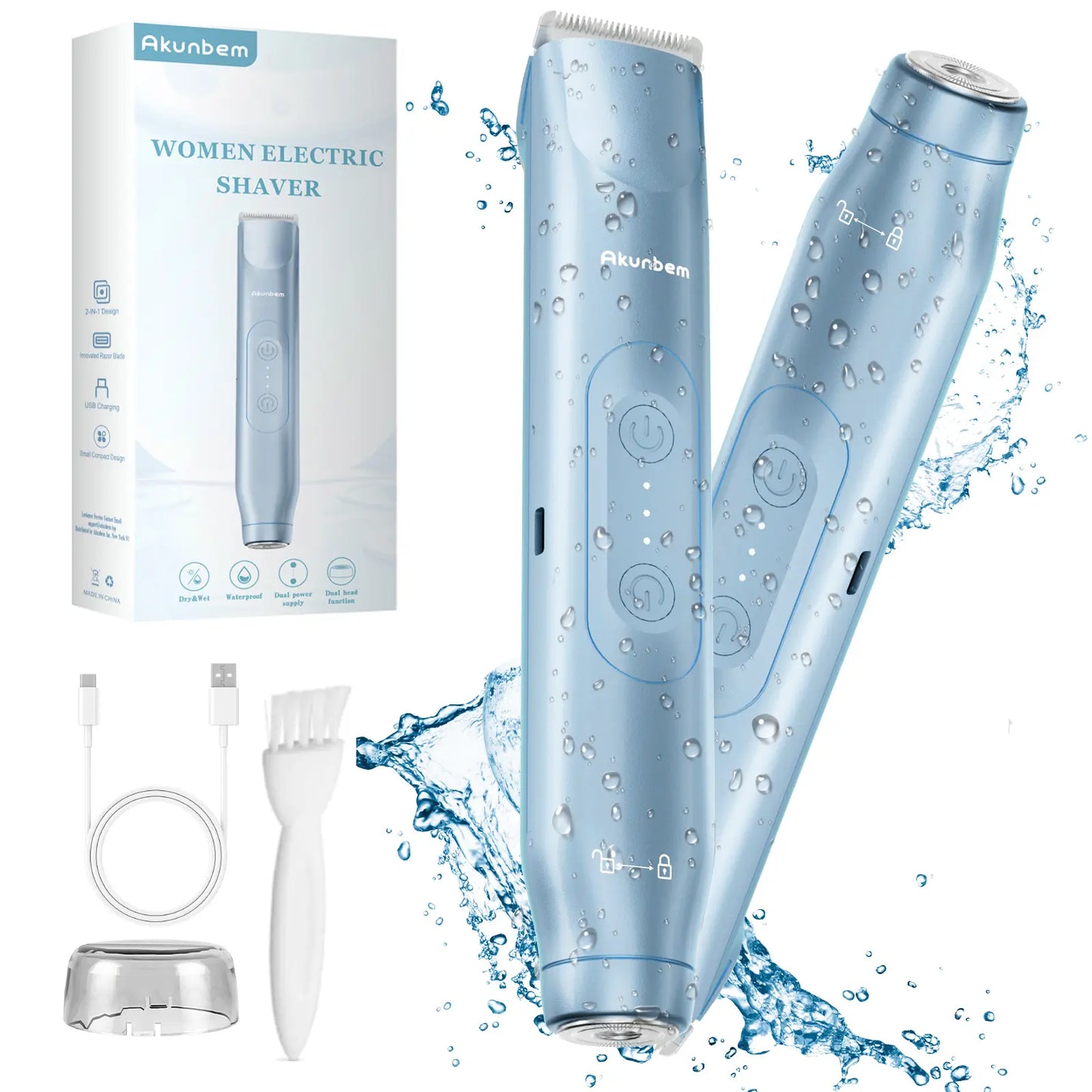 Akunbem Bikini Trimmer for Women, Electric Shaver and Razor Rechargeable 2-In-1 Body and Facial Epilator, Dual Heads for Painless Trimming of Pubic Hair, Face, Underarms and Legs, IPX7 Waterproof. Christmas Gift New Year Gift Shaving Grooming Tiktokshopba