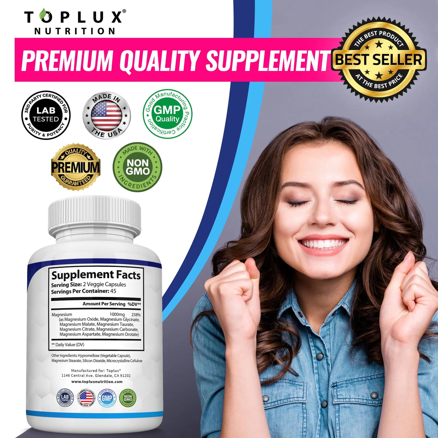 Experience Optimal Wellness with Toplux Magnesium Complex - The Essential 8-in-1 Magnesium Supplement for Restful Sleep and Muscle Support
