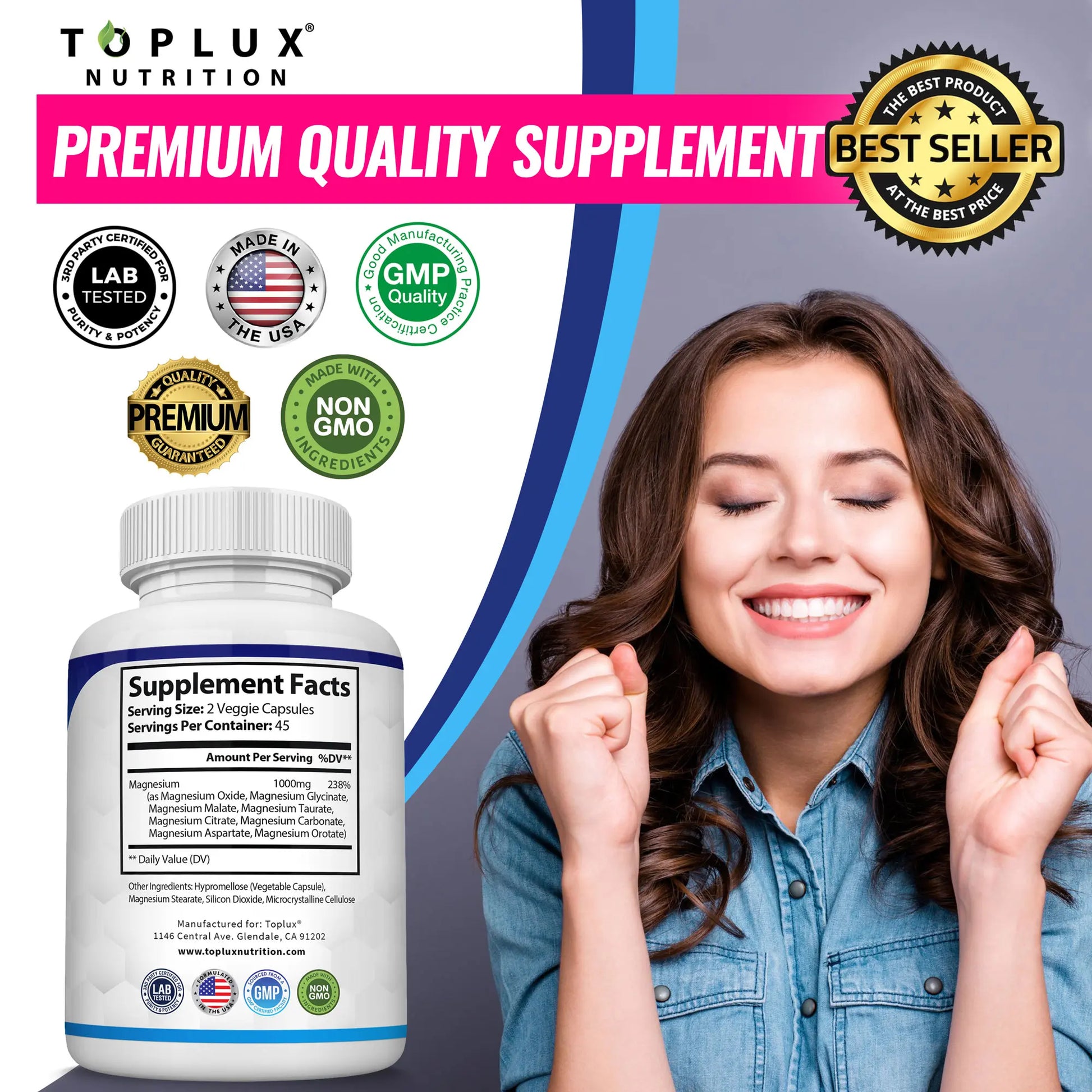 Experience Optimal Wellness with Toplux Magnesium Complex - The Essential 8-in-1 Magnesium Supplement for Restful Sleep and Muscle Support