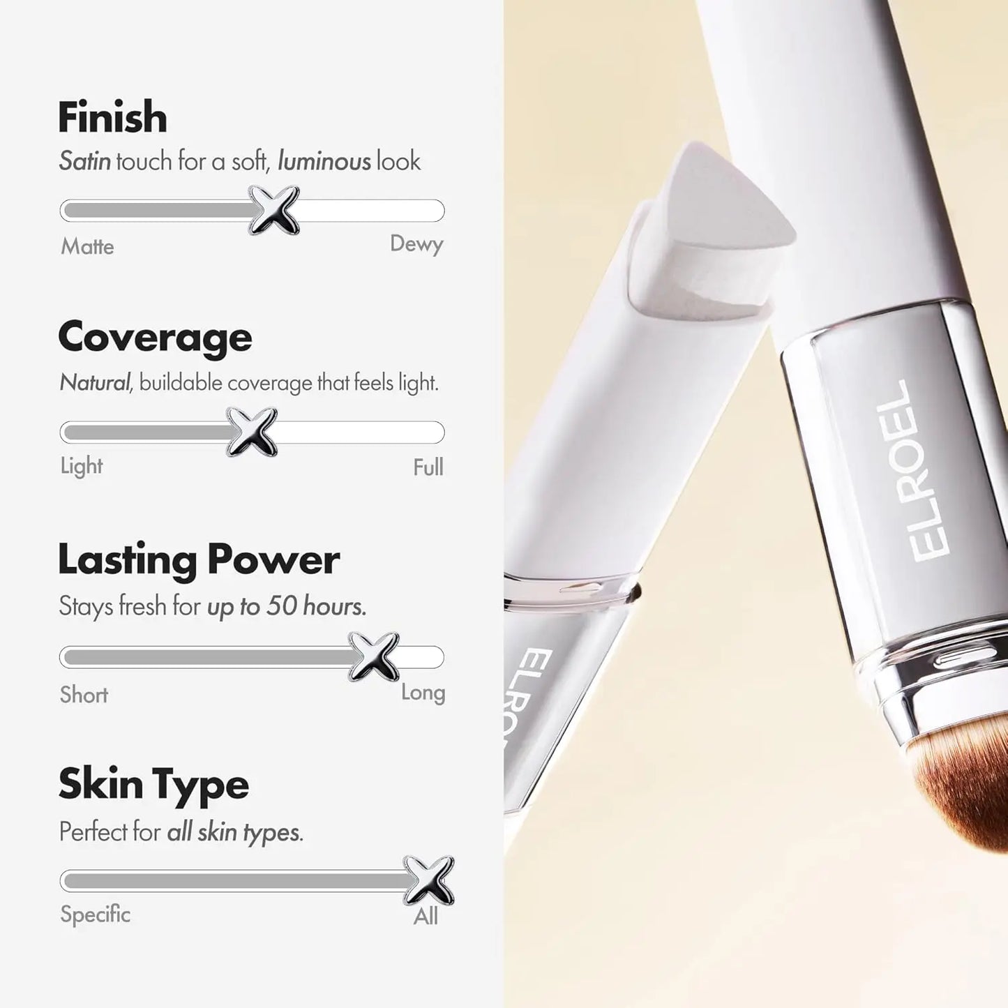 [ELROEL Official Store] ELROEL Blanc Cover Cream Stick V White - Korean Color-Changing Foundation Stick with Volufiline - Medium to Full Coverage Dewy Finish Base Makeup - Dual-Ended with Detachable Brush (13G, 0.04 Oz)