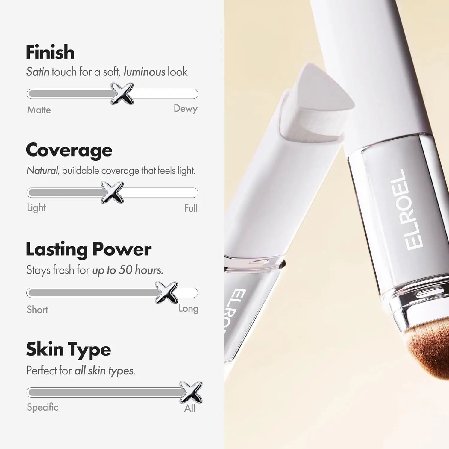 [ELROEL Official Store] ELROEL Blanc Cover Cream Stick V White - Korean Color-Changing Foundation Stick with Volufiline - Medium to Full Coverage Dewy Finish Base Makeup - Dual-Ended with Detachable Brush (13G, 0.04 Oz)