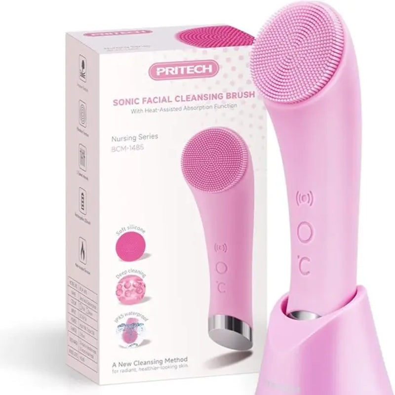 Facial Cleansing Brush, PRITECH Heatable Vibrating Face Scrubber with Massage, Silicone Face Scrubber for Women & Men, Electric Facial Cleanser for Deep Cleansing, Gentle Exfoliating (Pink)