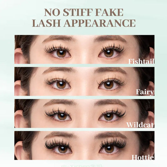 [Wildcat] D-Curl Shape Cluster Lashes Kit - 8-16Mm 0.03Mm Jelly-Coated Base No-Glue Self-Adhesive Cosmetic Lashes, Tweezers, Handheld Mirror, Beginner-Friendly Lightweight Gentle Latex-Free PBT Hypoallergenic Press-On False Eyelashes (Home Makeup Gift)
