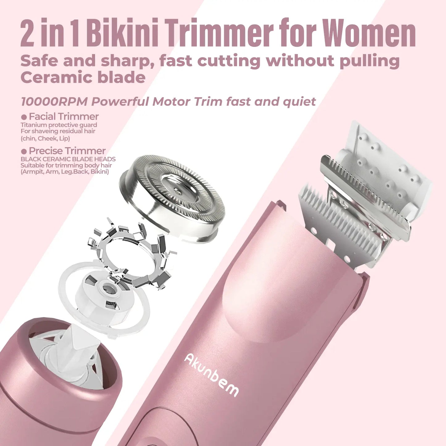 Akunbem Bikini Trimmer for Women, Electric Shaver and Razor Rechargeable 2-In-1 Body and Facial Epilator, Dual Heads for Painless Trimming of Pubic Hair, Face, Underarms and Legs, IPX7 Waterproof. Christmas Gift New Year Gift Shaving Grooming Tiktokshopba