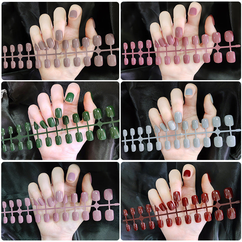 Short Square And Round Solid Color Sequins Wear Fake Nails