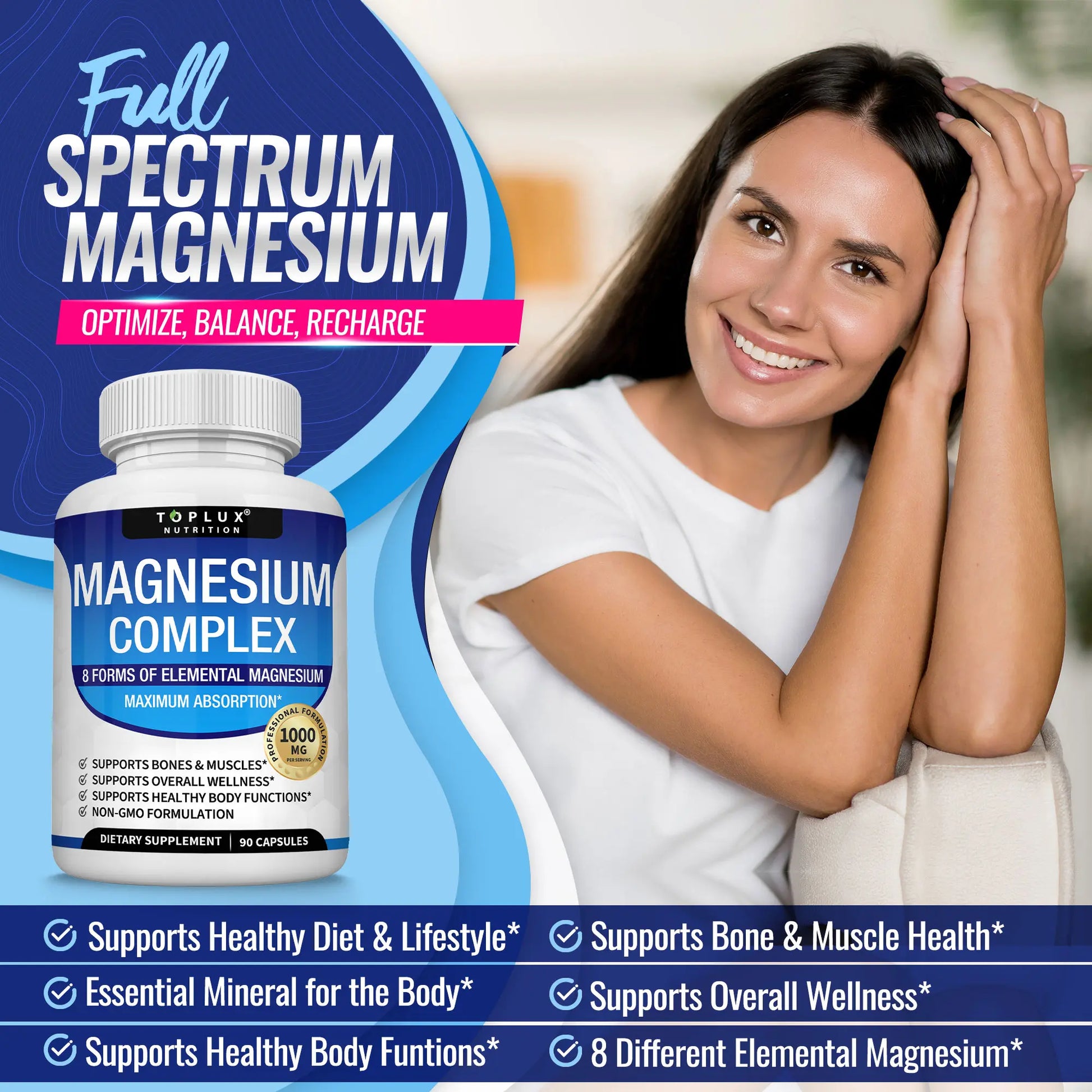 Experience Optimal Wellness with Toplux Magnesium Complex - The Essential 8-in-1 Magnesium Supplement for Restful Sleep and Muscle Support