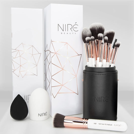 15-Piece Award-Winning Professional Makeup Brush Set - Vegan Brushes with Case, Sponge, Cleaner, and Guide in Gift Box