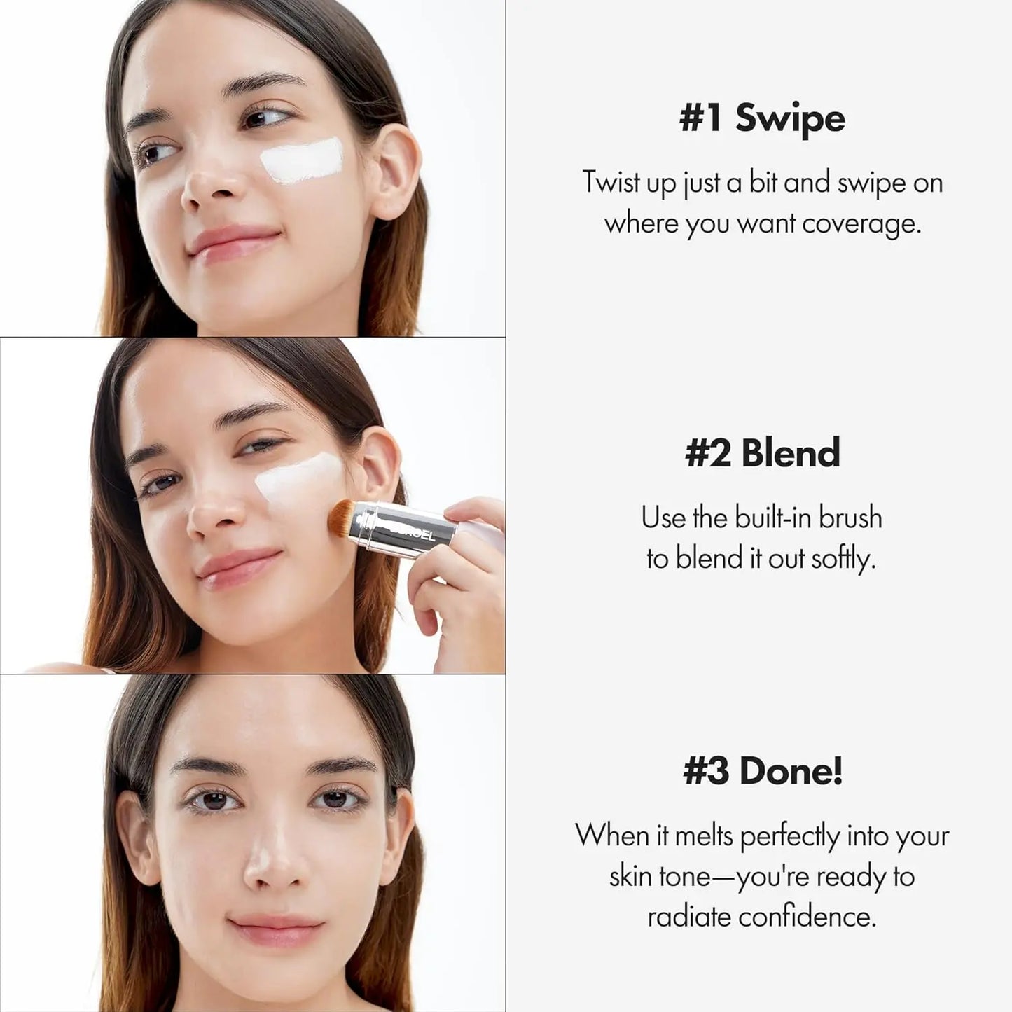 [ELROEL Official Store] ELROEL Blanc Cover Cream Stick V White - Korean Color-Changing Foundation Stick with Volufiline - Medium to Full Coverage Dewy Finish Base Makeup - Dual-Ended with Detachable Brush (13G, 0.04 Oz)