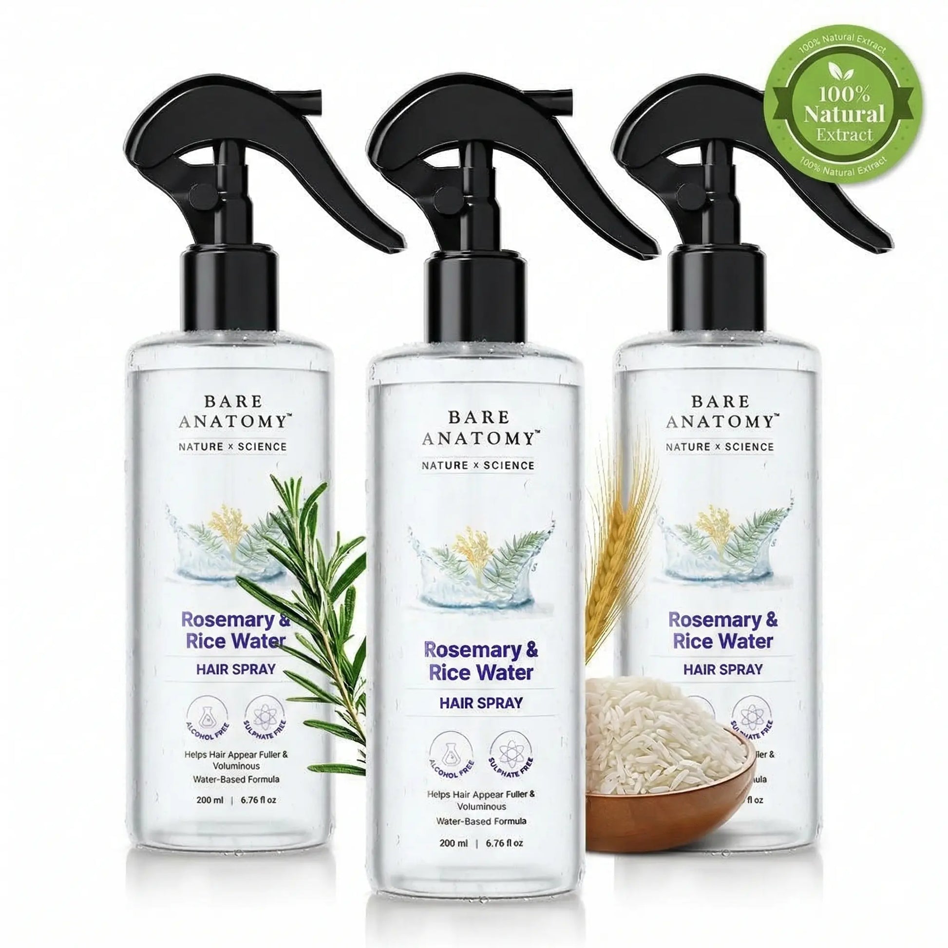 Rosemary & Rice Water Hair Spray- 200Ml Pack of 3 Natural Soft Hair Nourishing Hair