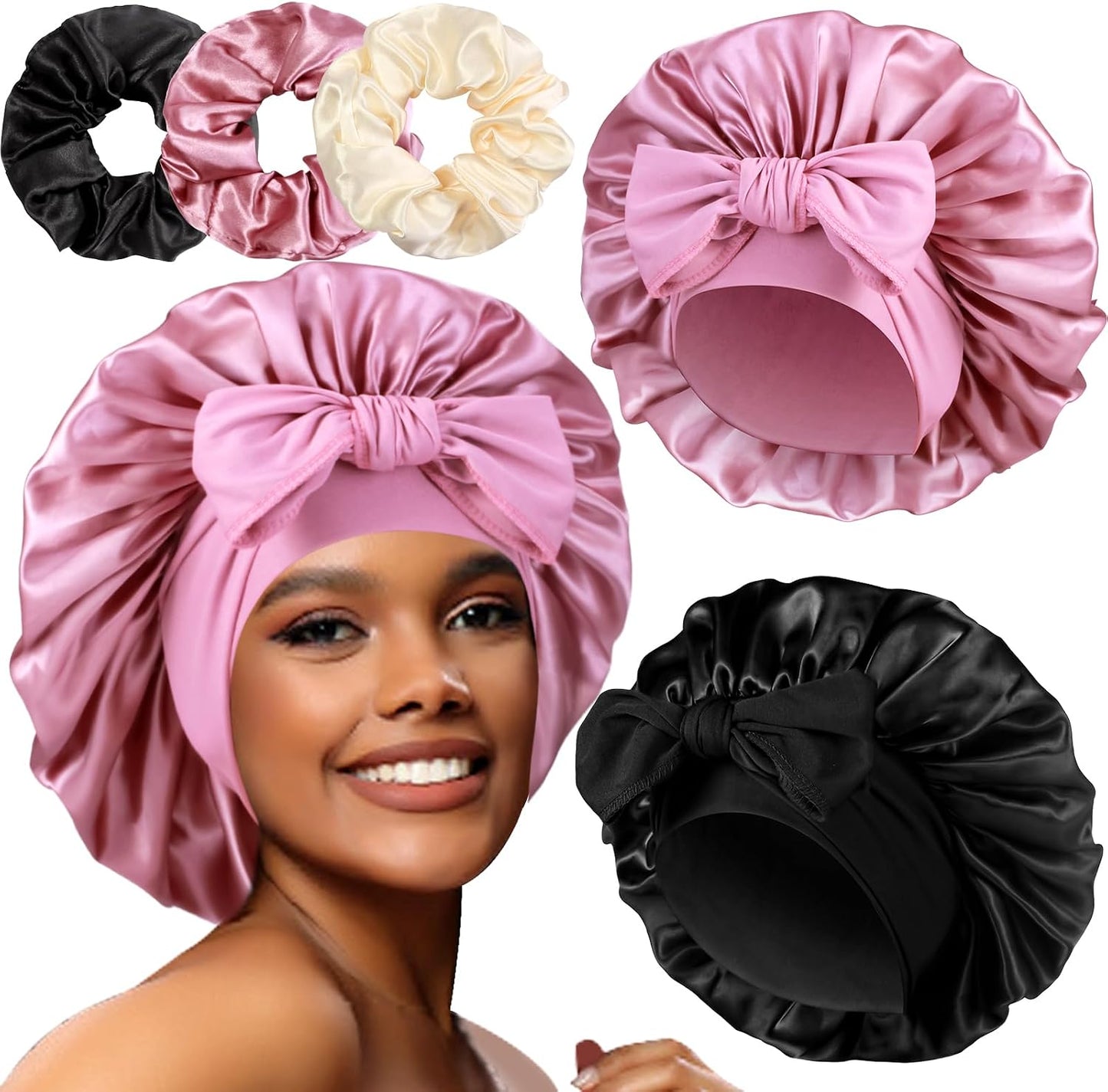 Luxurious Large Satin Bonnets & Stylish Scrunchies Set - The Perfect Hair Care Solution for Braids and Curls