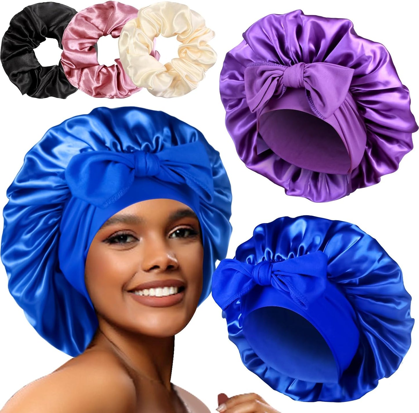 Luxurious Large Satin Bonnets & Stylish Scrunchies Set - The Perfect Hair Care Solution for Braids and Curls
