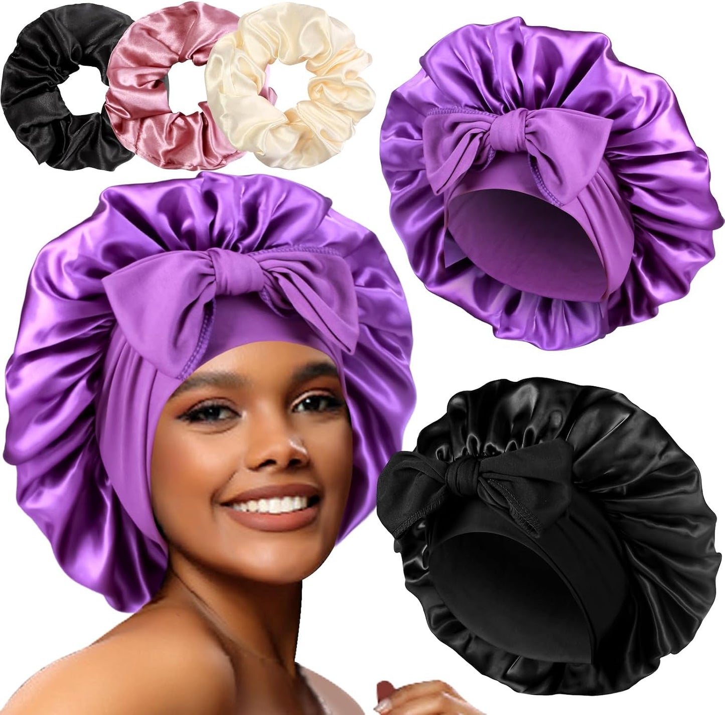 Luxurious Large Satin Bonnets & Stylish Scrunchies Set - The Perfect Hair Care Solution for Braids and Curls