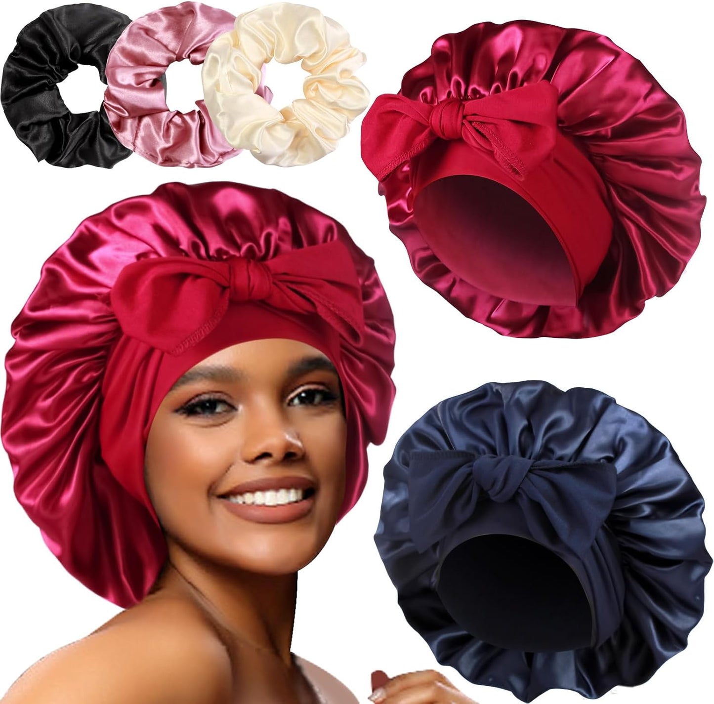 Luxurious Large Satin Bonnets & Stylish Scrunchies Set - The Perfect Hair Care Solution for Braids and Curls