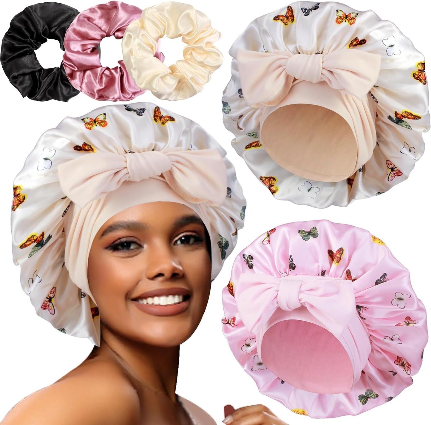 Luxurious Large Satin Bonnets & Stylish Scrunchies Set - The Perfect Hair Care Solution for Braids and Curls