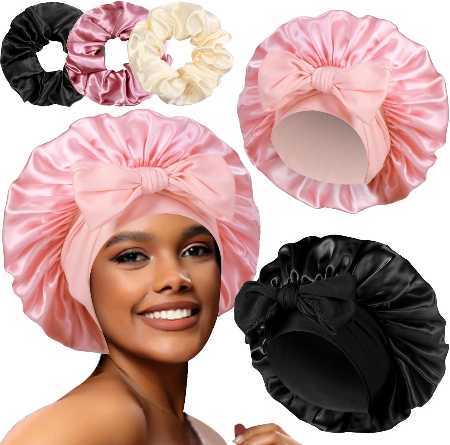 Luxurious Large Satin Bonnets & Stylish Scrunchies Set - The Perfect Hair Care Solution for Braids and Curls