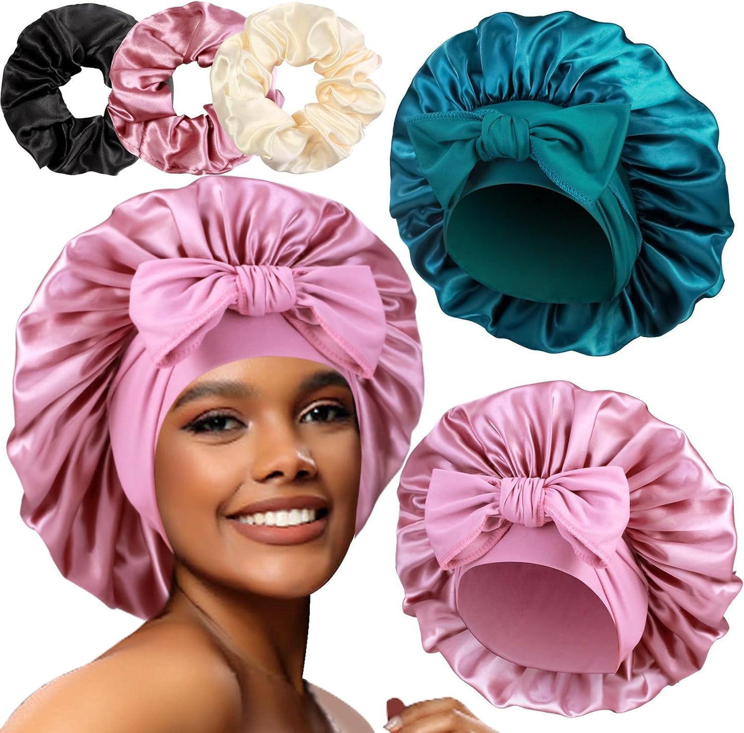 Luxurious Large Satin Bonnets & Stylish Scrunchies Set - The Perfect Hair Care Solution for Braids and Curls