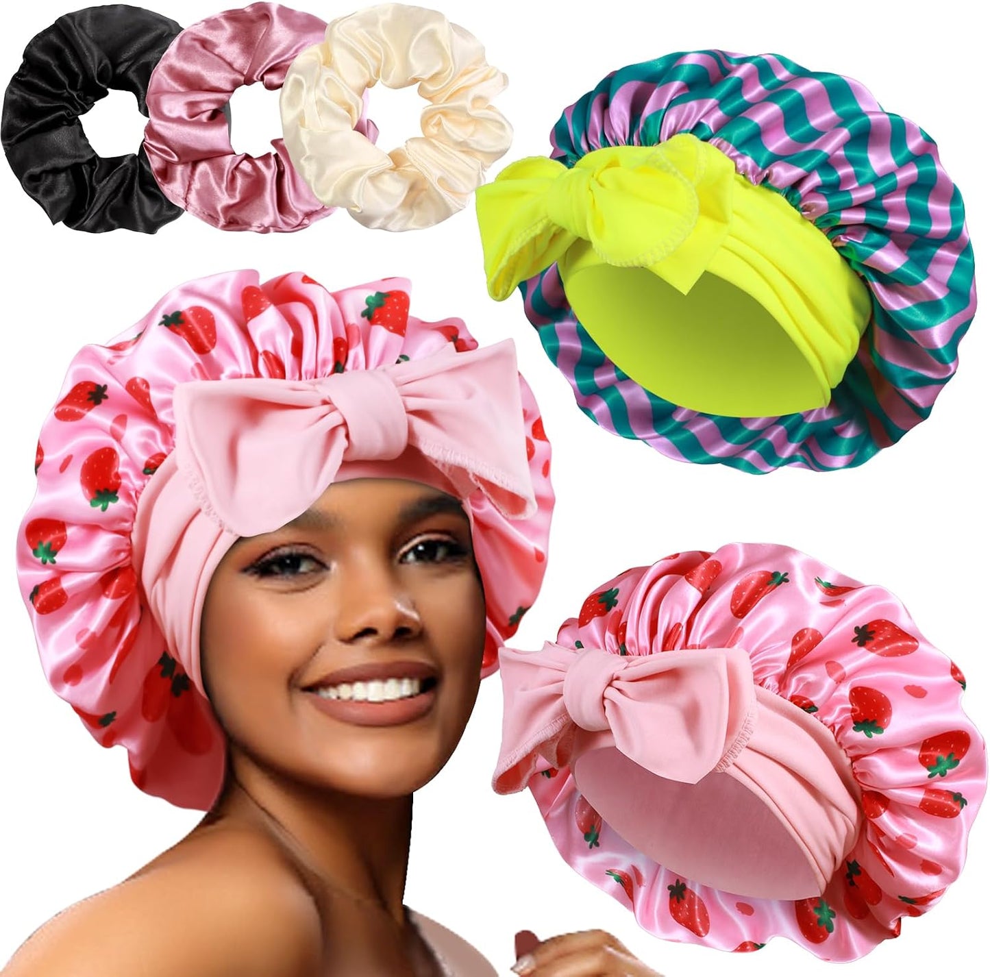 Luxurious Large Satin Bonnets & Stylish Scrunchies Set - The Perfect Hair Care Solution for Braids and Curls