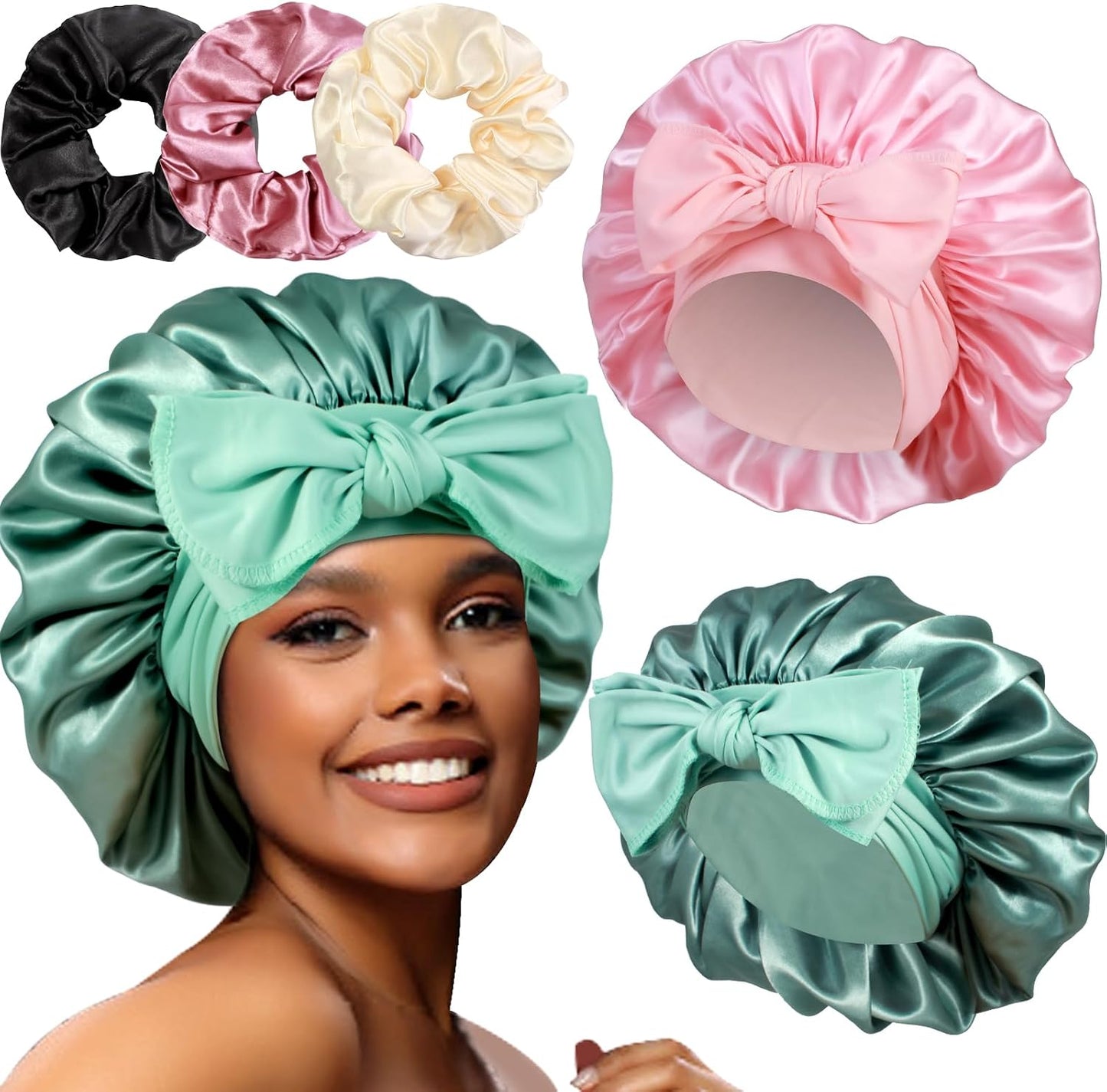 Luxurious Large Satin Bonnets & Stylish Scrunchies Set - The Perfect Hair Care Solution for Braids and Curls