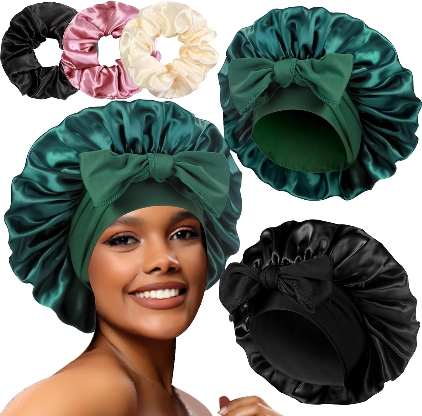 Luxurious Large Satin Bonnets & Stylish Scrunchies Set - The Perfect Hair Care Solution for Braids and Curls