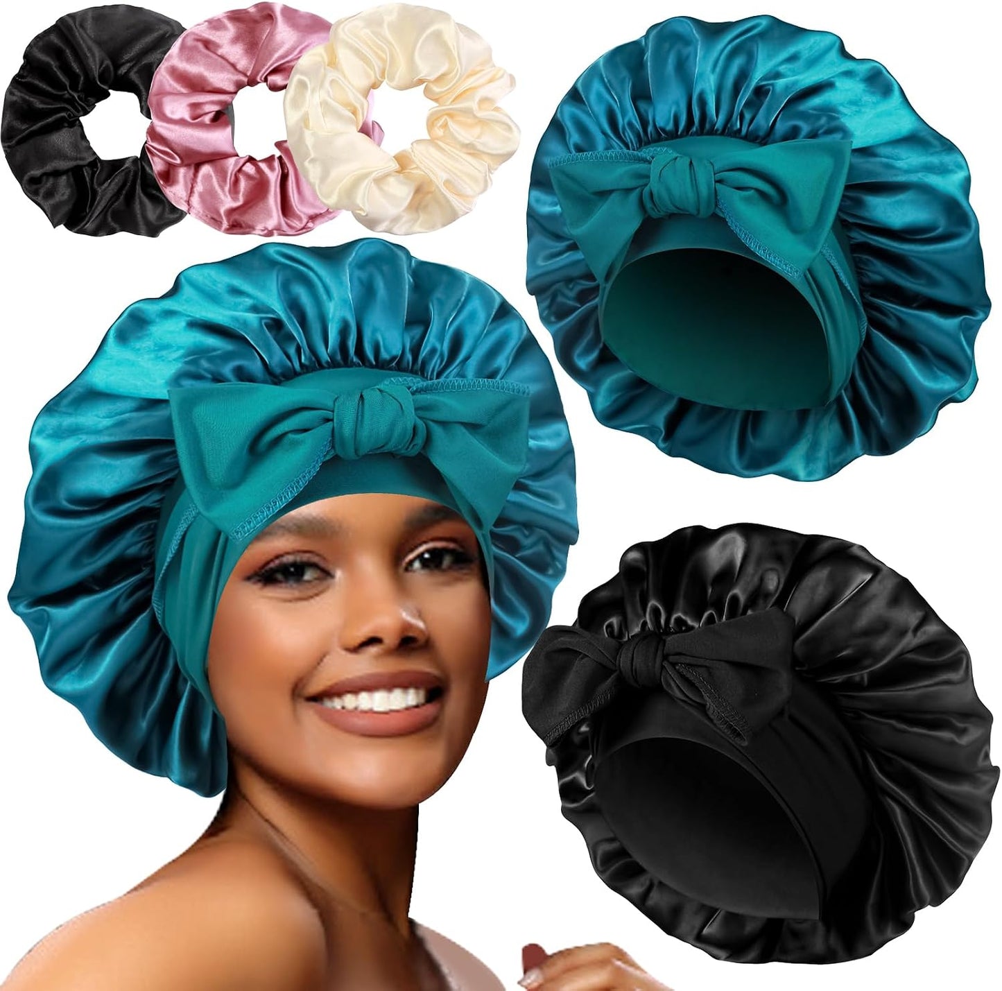 Luxurious Large Satin Bonnets & Stylish Scrunchies Set - The Perfect Hair Care Solution for Braids and Curls