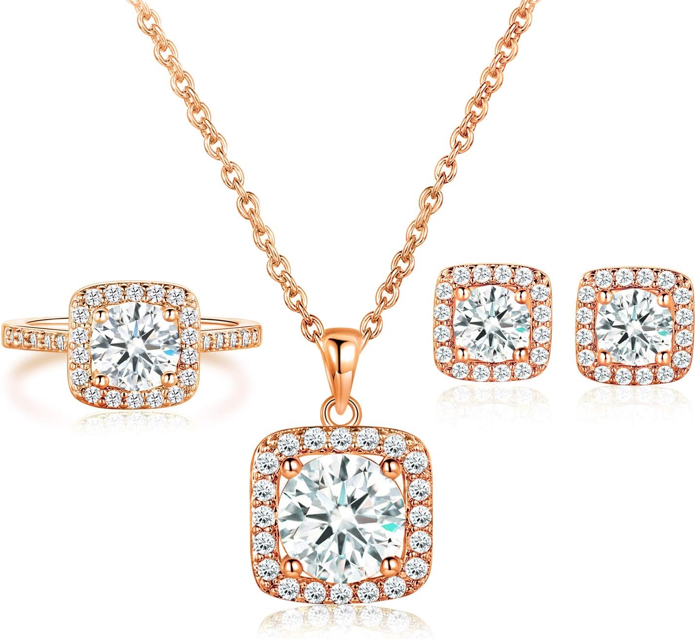 Elevate Your Elegance with the Gemsme Women's 18K Rose Gold Plated Halo Jewelry Set - Stunning Necklace, Earrings, and Ring for Every Occasion