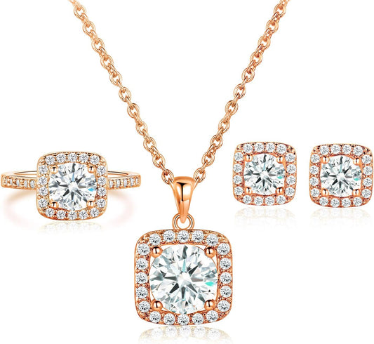 Elevate Your Elegance with the Gemsme Women's 18K Rose Gold Plated Halo Jewelry Set - Stunning Necklace, Earrings, and Ring for Every Occasion