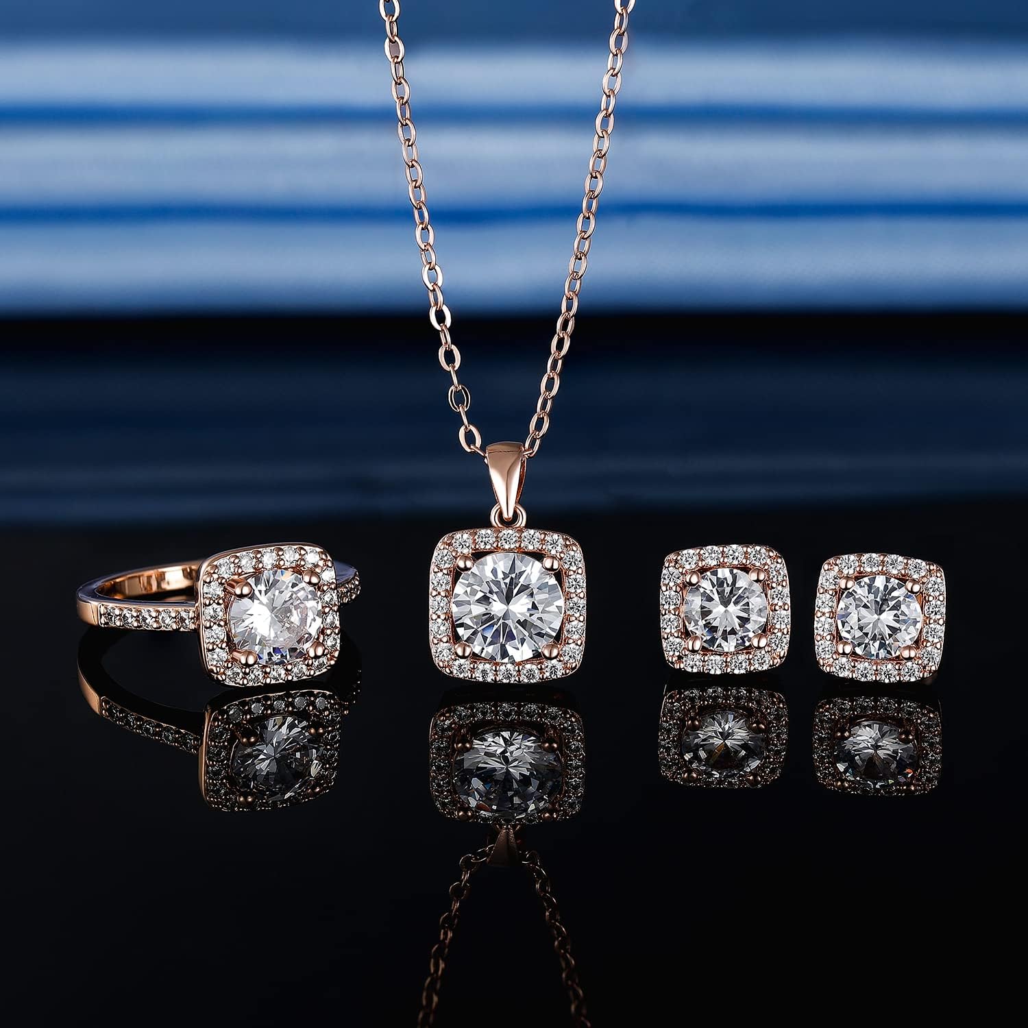 Elevate Your Elegance with the Gemsme Women's 18K Rose Gold Plated Halo Jewelry Set - Stunning Necklace, Earrings, and Ring for Every Occasion