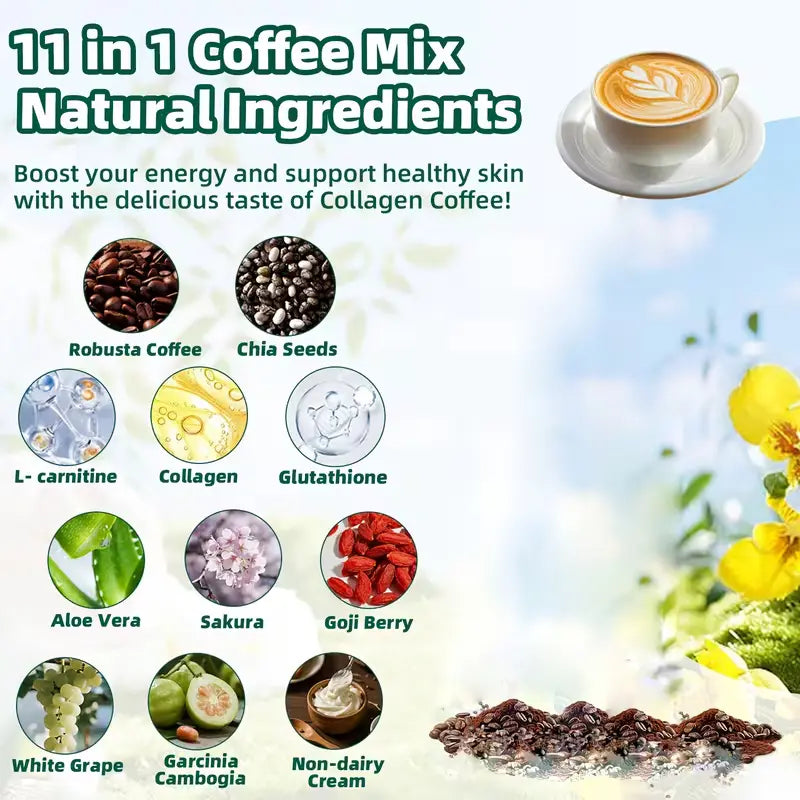 10/20 Pcs Sugar-Free 11-In-1 Robusta Collagen Coffee Sachets - 12G Daily Bean Blend with Chia Seeds, Goji Berries, Smooth Rich Dietary Supplement for Fitness & Healthcare, Smooth, Rich Coffee