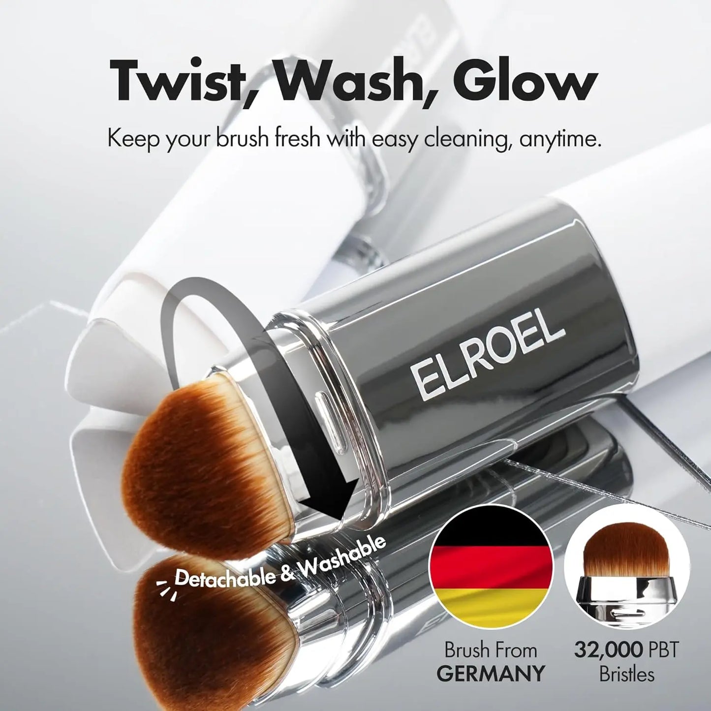 [ELROEL Official Store] ELROEL Blanc Cover Cream Stick V White - Korean Color-Changing Foundation Stick with Volufiline - Medium to Full Coverage Dewy Finish Base Makeup - Dual-Ended with Detachable Brush (13G, 0.04 Oz)