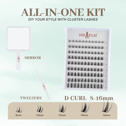 [Wildcat] D-Curl Shape Cluster Lashes Kit - 8-16Mm 0.03Mm Jelly-Coated Base No-Glue Self-Adhesive Cosmetic Lashes, Tweezers, Handheld Mirror, Beginner-Friendly Lightweight Gentle Latex-Free PBT Hypoallergenic Press-On False Eyelashes (Home Makeup Gift)