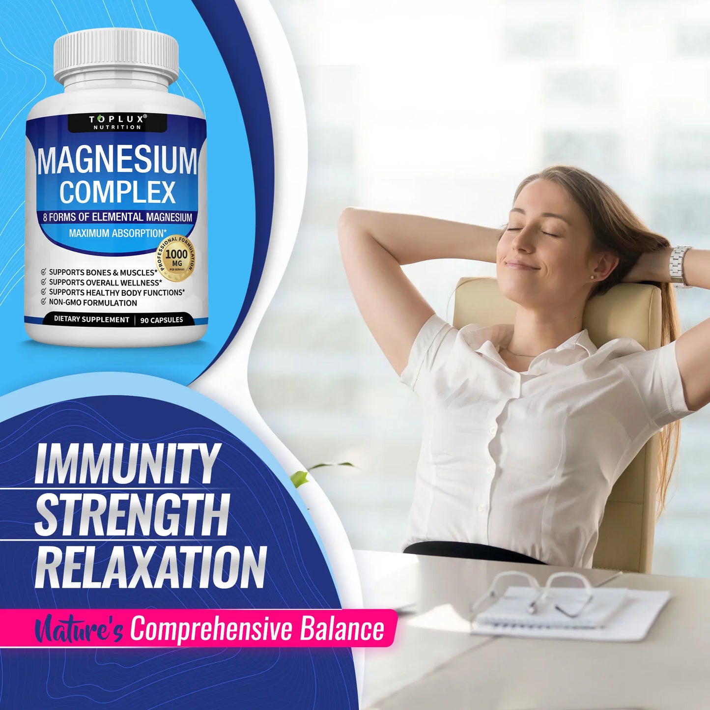 Experience Optimal Wellness with Toplux Magnesium Complex - The Essential 8-in-1 Magnesium Supplement for Restful Sleep and Muscle Support