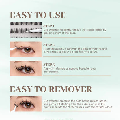 [Wildcat] D-Curl Shape Cluster Lashes Kit - 8-16Mm 0.03Mm Jelly-Coated Base No-Glue Self-Adhesive Cosmetic Lashes, Tweezers, Handheld Mirror, Beginner-Friendly Lightweight Gentle Latex-Free PBT Hypoallergenic Press-On False Eyelashes (Home Makeup Gift)