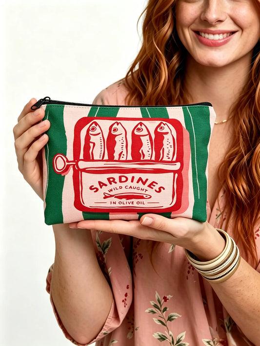 Vintage Sardine Pattern Makeup Bag, Cosmetic Bag, Foldable Zipper Pouch, Unisex Travel Organizer, Gift for All Occasions, Cartoon Design