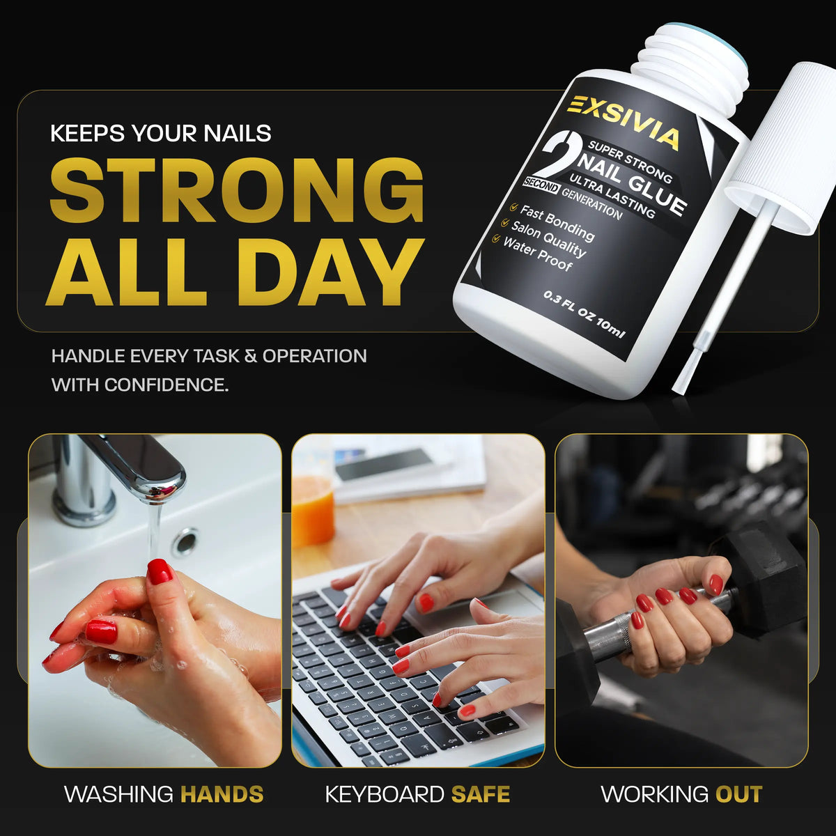 Exsivia 2Nd Gen Strong Hold 10Ml Nail Glue - Salon Quality, Extra Strength for Acrylic, Press-On, Fake Nails and for All Kind of Nails