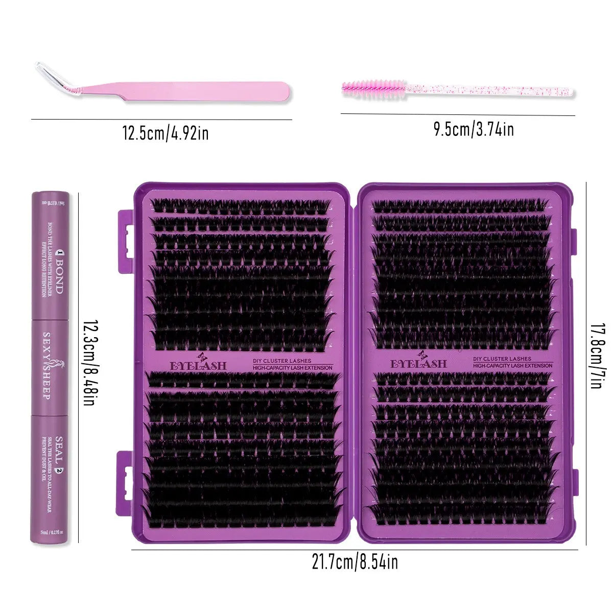 Large Capacity DIY Lashes Clusters Kit, D Curl Mixed Length, Light Soft False Lashes, Individual Lashes Thick Cluster Lashes, Long-Lasting, Includes Bond&Seal Brush and Tweezer, Beginner Friendly