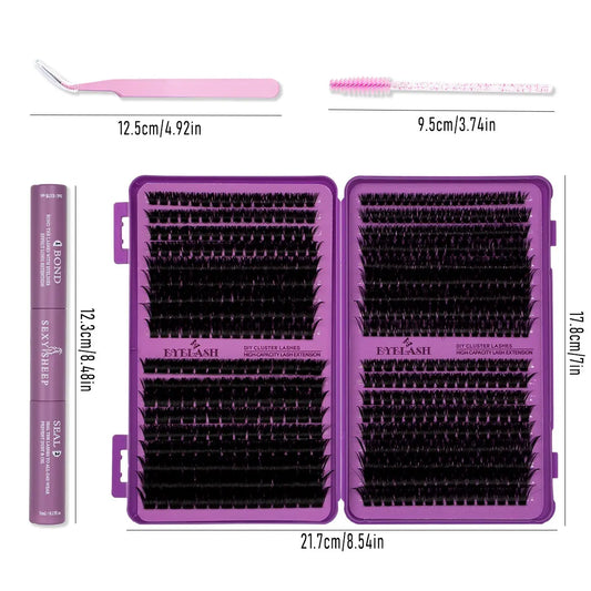 Large Capacity DIY Lashes Clusters Kit, D Curl Mixed Length, Light Soft False Lashes, Individual Lashes Thick Cluster Lashes, Long-Lasting, Includes Bond&Seal Brush and Tweezer, Beginner Friendly