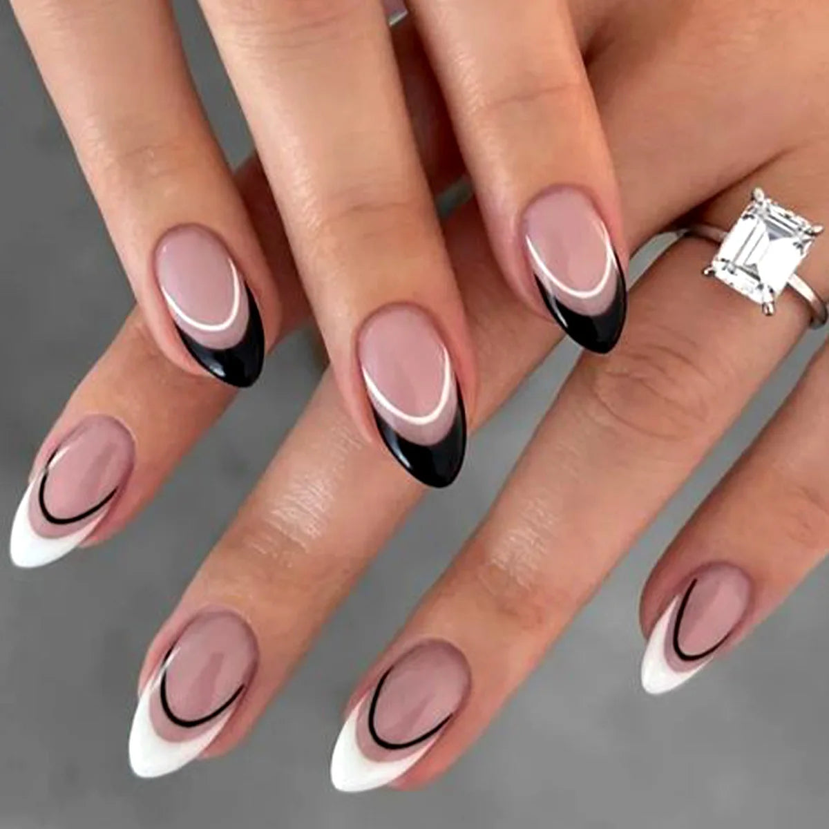 24Pcs Glamorous French Almond Fake Nails with Gold Edge Glitter - Stunning Swirl Metal Nail Art for Effortless Elegance