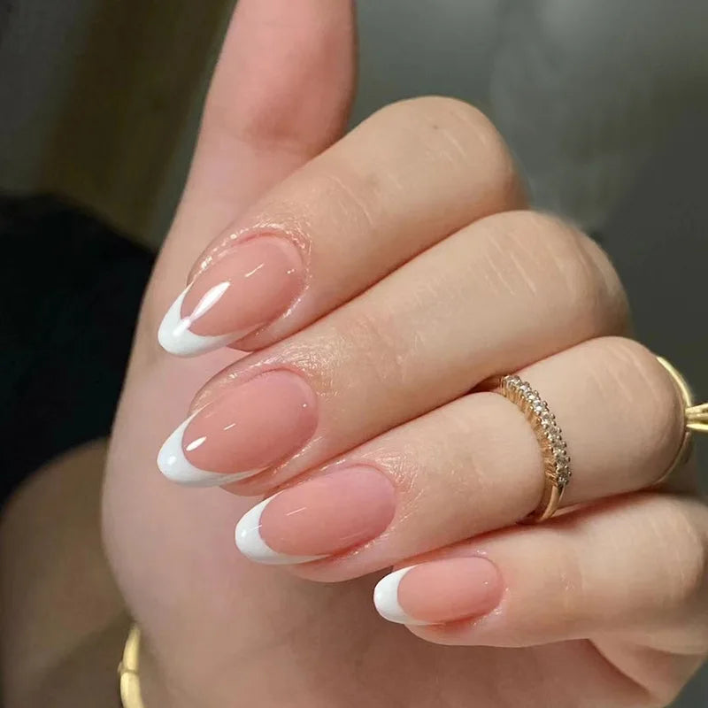 24Pcs Glamorous French Almond Fake Nails with Gold Edge Glitter - Stunning Swirl Metal Nail Art for Effortless Elegance