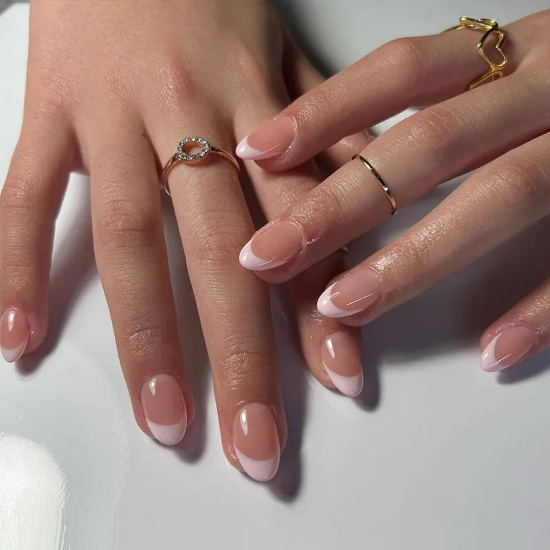 24Pcs Glamorous French Almond Fake Nails with Gold Edge Glitter - Stunning Swirl Metal Nail Art for Effortless Elegance