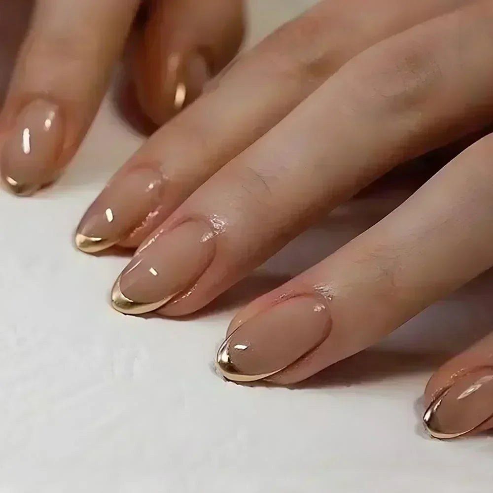 24Pcs Glamorous French Almond Fake Nails with Gold Edge Glitter - Stunning Swirl Metal Nail Art for Effortless Elegance