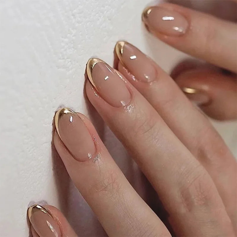 24Pcs Glamorous French Almond Fake Nails with Gold Edge Glitter - Stunning Swirl Metal Nail Art for Effortless Elegance