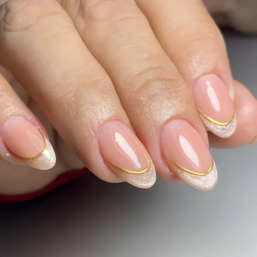 24Pcs Glamorous French Almond Fake Nails with Gold Edge Glitter - Stunning Swirl Metal Nail Art for Effortless Elegance